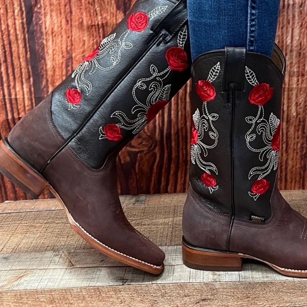 Bota Vaquera Dama Cafe Roses Cowgirl Western Rodeo Womens Square Toe Brown Boots